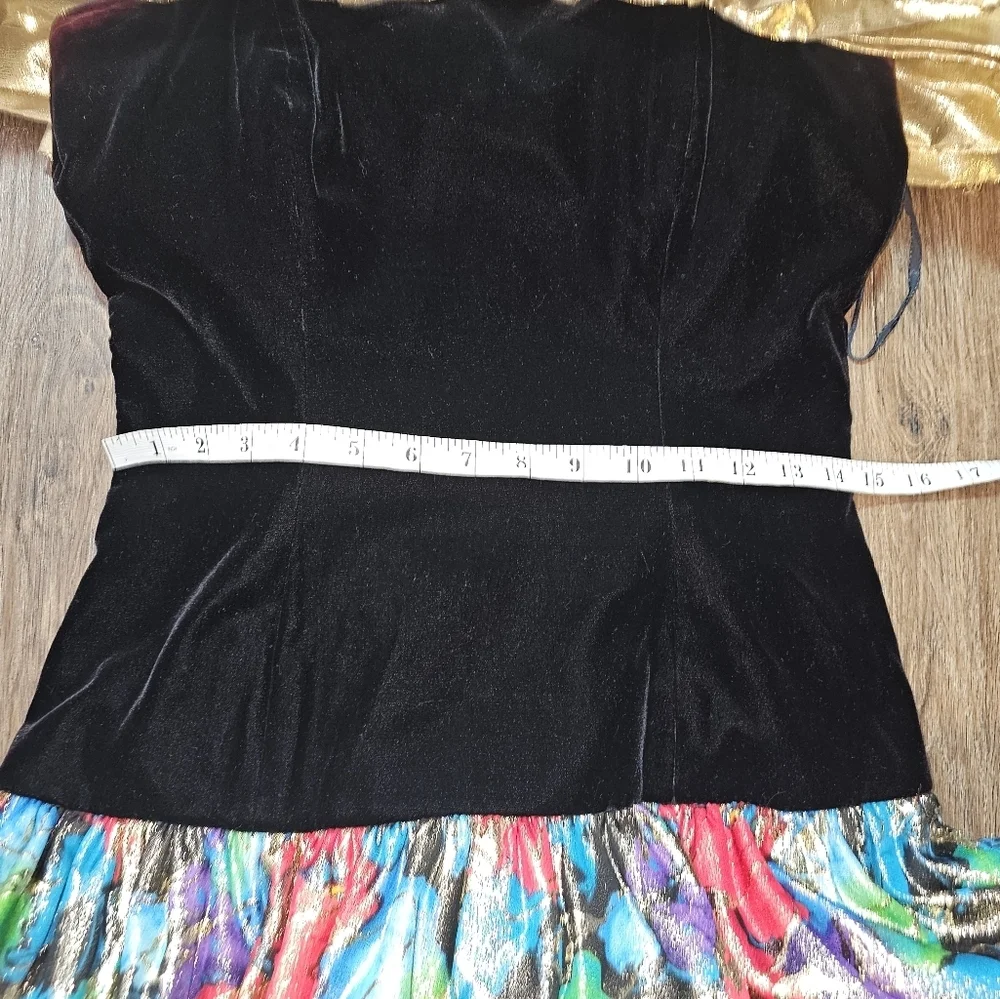 Vintage Morton Myles Saks Velvet Gold Bow Metallic Floral Cocktail Dress Sz S - Picture 12 of 15